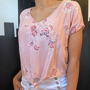 Pink Tie Front Cold Shoulder Tank